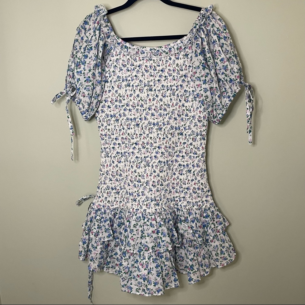 LOVESHACKFANCY Violet Smocked Floral Dress in Blue Jay. Large. - Picture 9 of 11